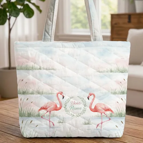 Flamingos Wetland Sky Custom Name - Wildlife Lover Everyday Carry Gift Quilted Tote Bag