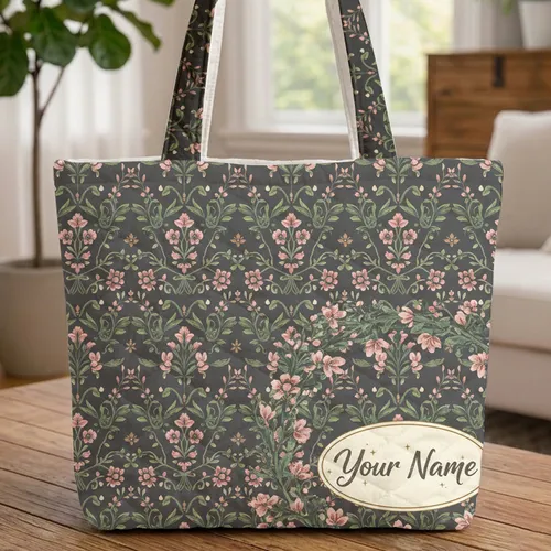 Ornate Botanical Wreath Vines Blossoms Leaves Vintage Enamel Plaque - Everyday Carry Gift Quilted Tote Bag