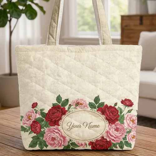 Rococo Floral Wreath Red Roses Peonies Lace Name - Everyday Carry Gift Quilted Tote Bag