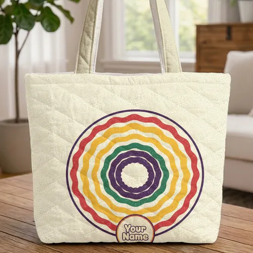 Rainbow Chevron Medallion Bubble Letter Medallion Waves Everyday Carry Gift Quilted Tote Bag