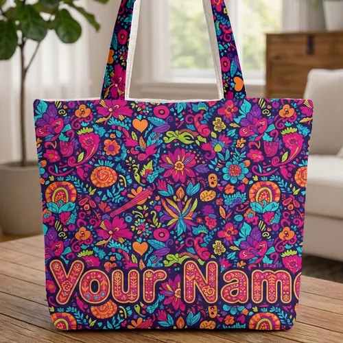Personalized Name Folk Art Flowers Hearts Guitars - Everyday Carry Gift Quilted Tote Bag