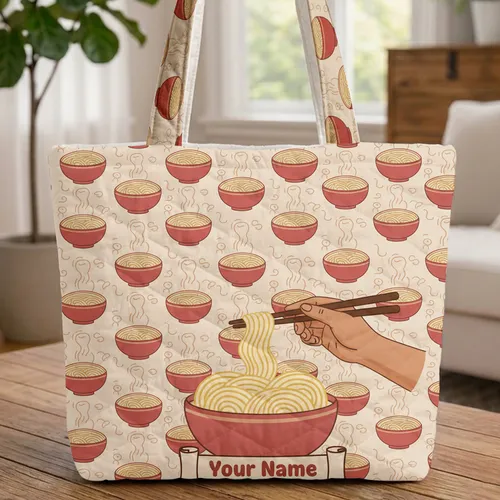 Ramen Bowl Chopsticks Personalized Name - Everyday Carry Gift for Foodie Quilted Tote Bag
