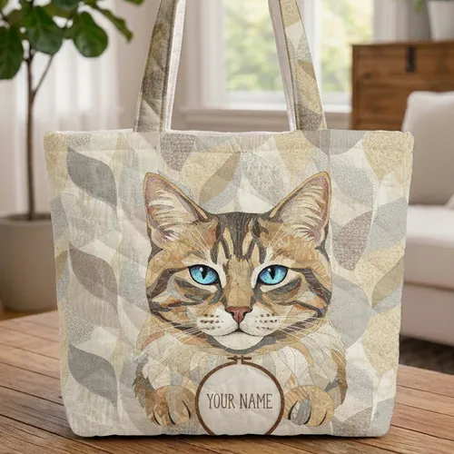 Majestic Cat Bust Hoop Frame Name - Everyday Carry Gift for Cat Lover Quilted Tote Bag