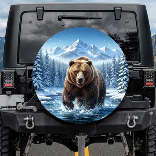 Grizzly Bear Winter Mountain Icy River - Wildlife Lover Outdoor Adventure Gift Spare Tire Cover