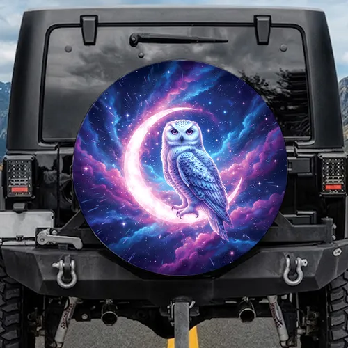 Snowy Owl Perched Crescent Moon Starry Sky - Mystical Fantasy Lover Gift Spare Tire Cover