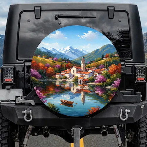 Italianate Village Mountain Lake Bell Tower Terracotta Roofs Flowering Trees - Travel Essentials Spare Tire Cover