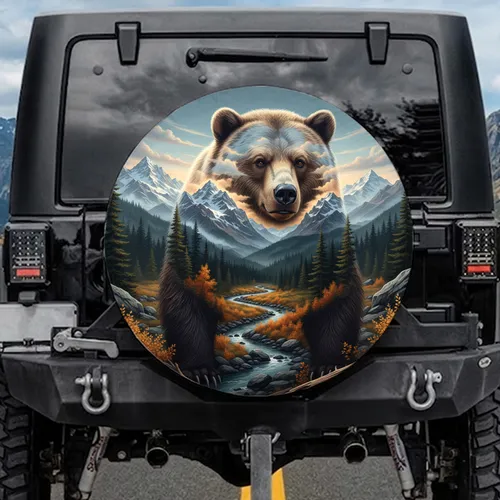 Grizzly Bear Snowy Mountain Forest River Autumn Landscape - Wildlife Lover Gift Spare Tire Cover