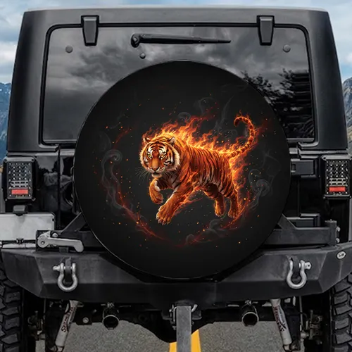 Cinematic Majestic Leaping Tiger Fiery Flame Smoke - Outdoor Enthusiast Gift Spare Tire Cover