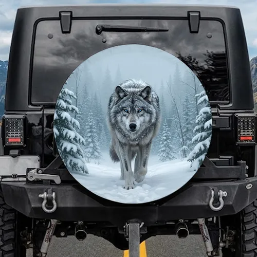 Majestic Grey Wolf Piercing Blue Eyes Misty Winter Forest - Wildlife Lover Gift Spare Tire Cover