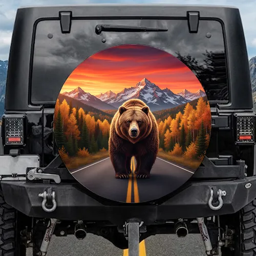 Grizzly Bear Autumn Forest Mountain Sunset - Wildlife Lover Gift Spare Tire Cover