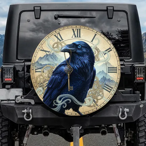 Realistic Raven Golden Skeleton Key Antique Clockwork Gears Roman Numerals - Mystical Car Accessory Gift Spare Tire Cover