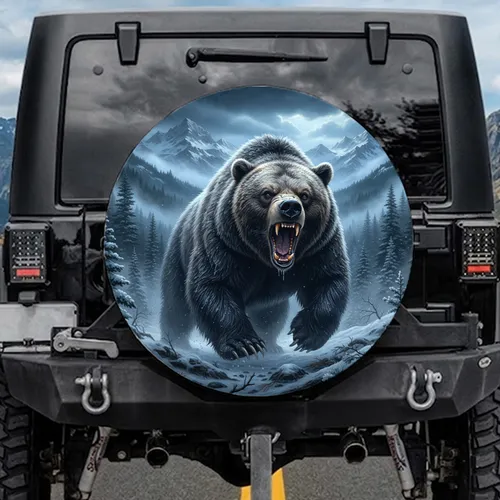 Grizzly Bear Roaring Pine Forest Snow Mountain Peaks - Wildlife Lover Gift Spare Tire Cover