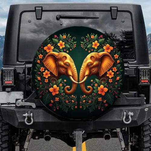Golden Elephant Tropical Jungle Flowers - Wildlife Lover Gift Spare Tire Cover