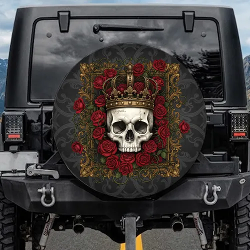 Gothic Skull Crown Red Rose Gilded Frame - Car Decor Gift Spare Tire Cover