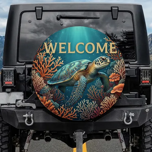 Sea Turtle Coral Reef Formations Welcome - Ocean Life Car Decor Gift for Marine Lover Spare Tire Cover