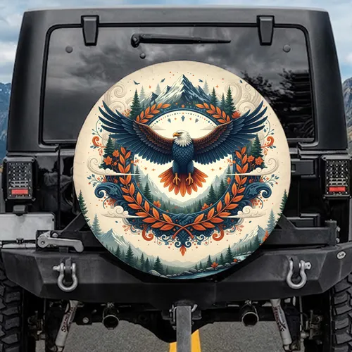 Eagle Laurel Wreath Forest River Mountains - Outdoor Adventure Gift for Wildlife Lover Spare Tire Cover