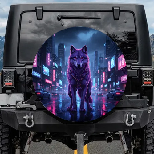 Luminescent Purple Wolf Glowing Red Eyes Futuristic Urban Night - Sci-Fi Decor Gift Spare Tire Cover