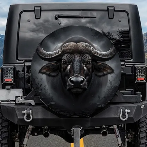 Powerful Water Buffalo Head Dramatic Close-up Portrait - Wildlife Lover Gift Spare Tire Cover