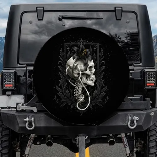 Gothic Human Skull Vertebral Spine Black Lily Pearl - Macabre Car Decor Gift Spare Tire Cover