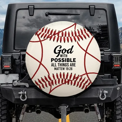 Baseball Stitching Scripture Matthew 19:26 - Faith Encouragement Gift Spare Tire Cover