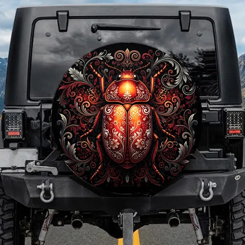Deep Red Orange Jewel Beetle Floral Paisley Filigree - Luxury Car Decor Gift Spare Tire Cover