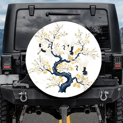 Navy Blue Japanese Cranes Tree Blossoms Golden Leaves - Car Decor Gift Spare Tire Cover