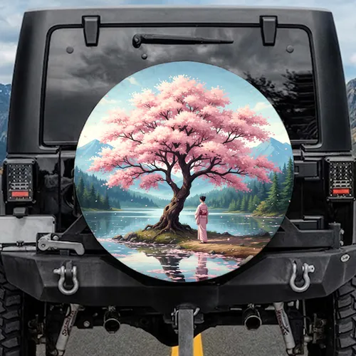 Graceful Kimono Figure Pink Cherry Blossom Lake Mountain Forest - Nature Lover Gift Spare Tire Cover