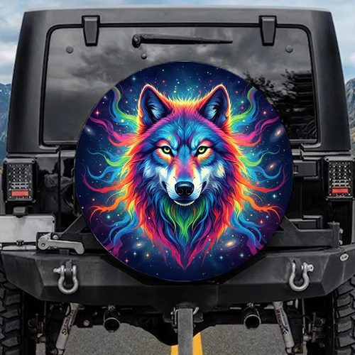 Wolf Head Piercing Eyes Rainbow Fur Cosmic Field Smoke Tendrils - Adventure Seeker Gift Spare Tire Cover