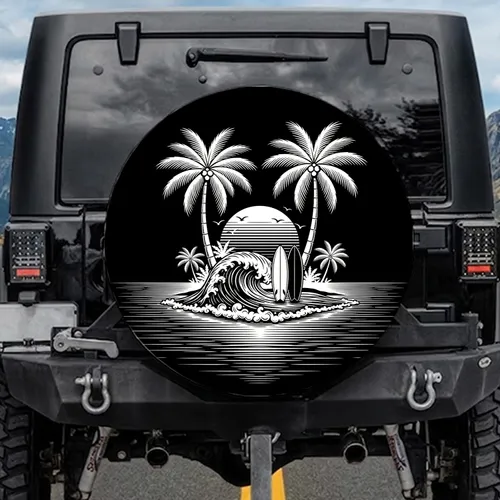 Tropical Palm Trees Surfboards Ocean Beach - Travel Essentials Gift for Surfers Spare Tire Cover