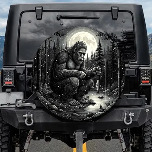 Bigfoot Fishing Lake Moonlit Forest - Wildlife Lover Gift Spare Tire Cover