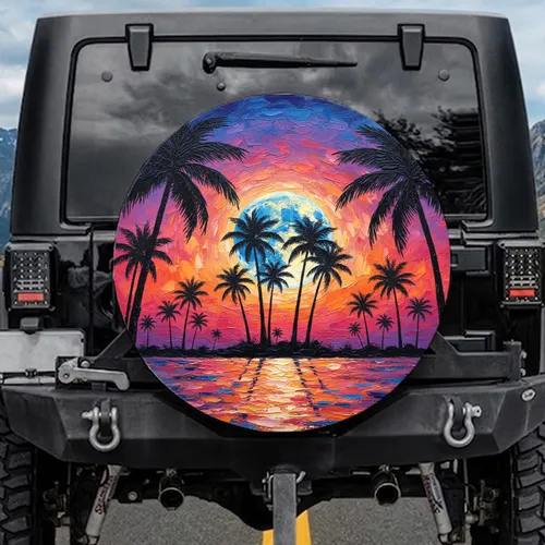 Luminous Full Moon Silhouetted Palm Trees Ocean Sky - Travel Essential Gift Spare Tire Cover