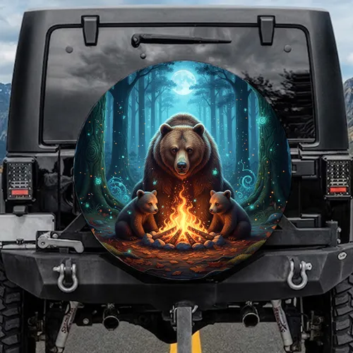Grizzly Bear Cubs Campfire Embers Fireflies Moonlit Forest - Wildlife Lover Gift Spare Tire Cover