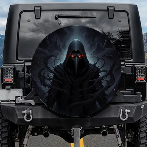 Ominous Cloaked Figure Fiery Eyes Mask - Swirling Shadows Dark Fantasy Decor Gift Spare Tire Cover