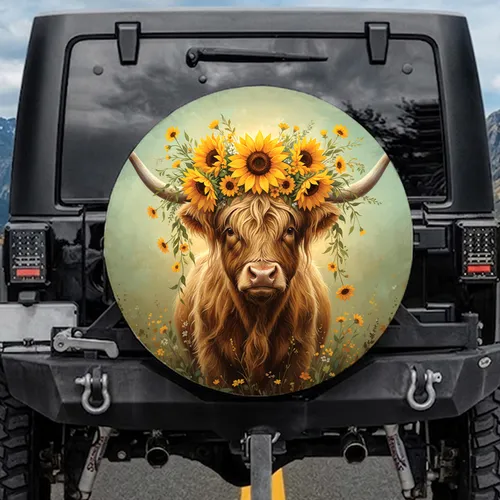 Highland Cow Floral Crown Wildflower Meadow - Farmhouse Decor Gift for Cow Lover Spare Tire Cover