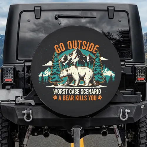 White Bear Snow Mountains Pine Trees Go Outside A Bear Kills You - Wilderness Lover Gift Spare Tire Cover