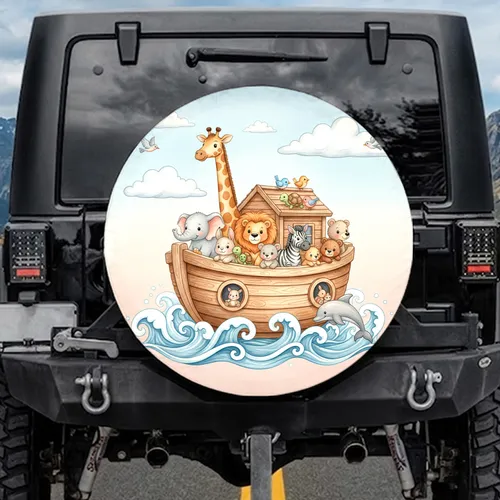Wooden Ark Giraffe Lion Elephant Zebra Dolphin Birds - Animal Lover Car Decor Gift Spare Tire Cover
