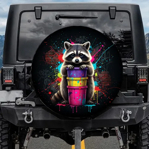 Raccoon Trash Bins Paint Splatter Graffiti - Urban Decor Gift for Raccoon Lover Spare Tire Cover