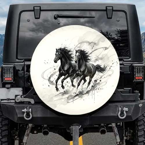 Black & Grey Galloping Wild Horses - Wildlife Lover Gift Spare Tire Cover