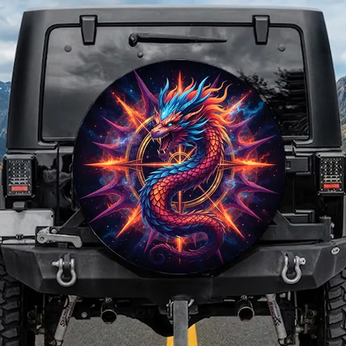 Roaring Dragon Horns Spikes Cosmic Compass Rose - Fantasy Lover Vehicle Accessory Spare Tire Cover