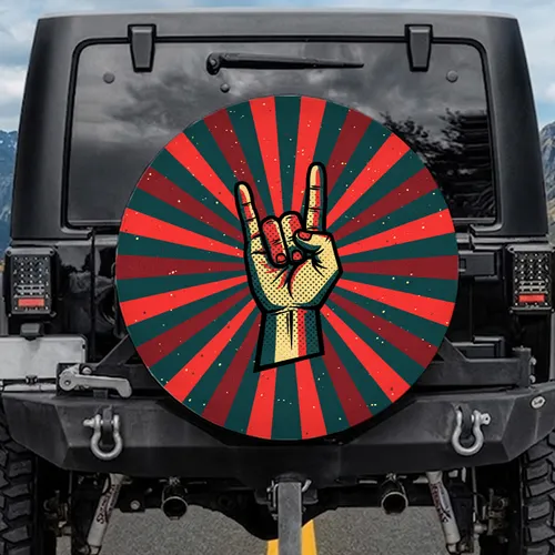 Pop Art Rock On Hand Red Teal Sunburst - Music Fan Gift for Rock & Roll Enthusiasts Spare Tire Cover