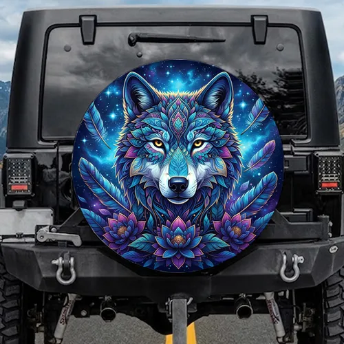 Majestic Wolf Head Ornate Feathers Cosmic Galaxy - Wildlife Lover Gift Spare Tire Cover