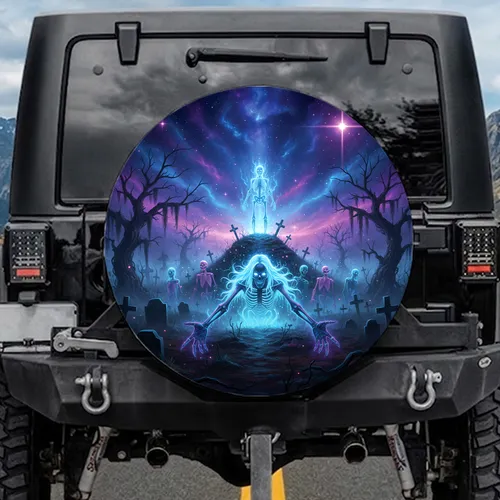 Glowing Skeletal Graveyard Cosmic Nebula Eerie Scene - Gothic Decor Gift Spare Tire Cover