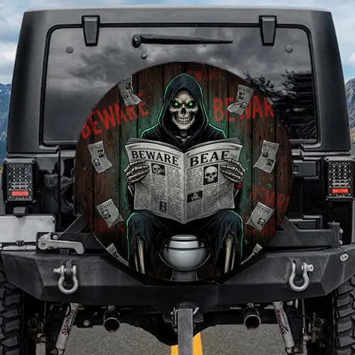 Grinning Skeleton Beware Commode - Gothic Decor Gift for Horror Fans Spare Tire Cover
