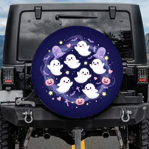 Smiling White Ghosts Gravestones Jack-o'-Lanterns - Halloween Decor Gift Spare Tire Cover