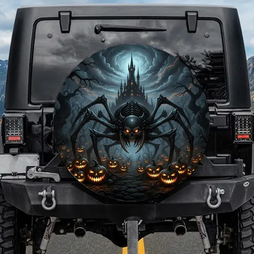 Dark Skull Spider Jack-o-Lanterns Gothic Castle - Halloween Home Decor Gift Spare Tire Cover