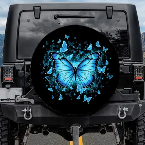 Glowing Cyan Butterfly Swirl - Wildlife Lover Gift for Butterfly Lovers Spare Tire Cover