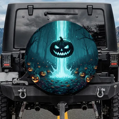 Menacing Jack-o'-lantern Glowing Cyan Eyes Halloween Night Decor Spare Tire Cover