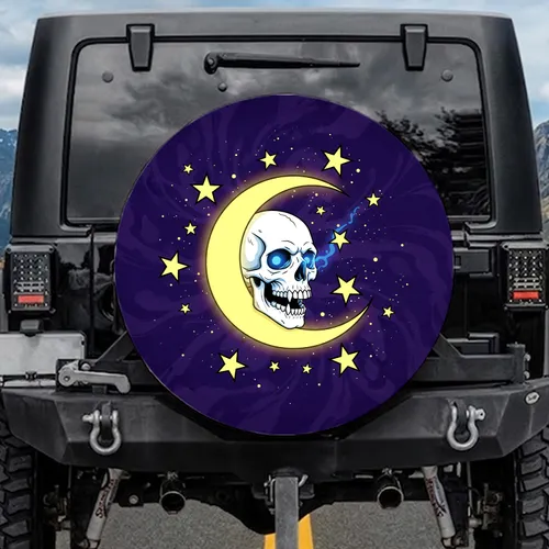 White Skull Yellow Crescent Moon Stars - Cosmic Night Sky Decor Gift Spare Tire Cover