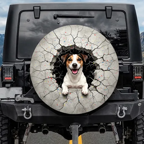 Smiling Jack Russell Terrier Dog Fractured Concrete - Pet Owner Everyday Use Gift Spare Tire Cover