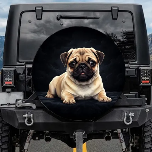 Fawn Pug Puppy Black Mask Deep Black Background - Pug Lover Car Decor Gift Spare Tire Cover